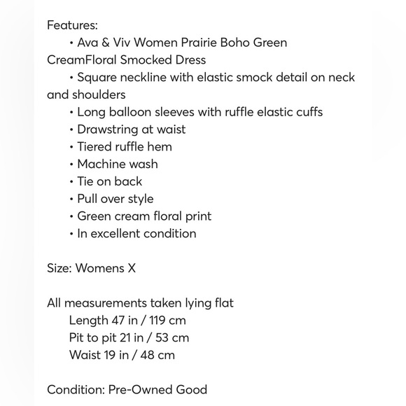 🌱🍃Ava & Viv Women Prairie Boho Green Floral Smock Maxi Dress Size X🌱🍃 - Picture 8 of 8